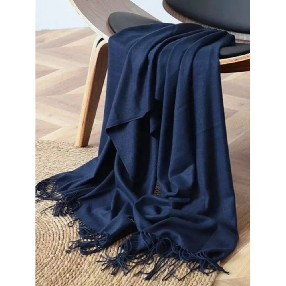 Luxurious Navy-Blue Cashmere Scarf 74" With Fringed Edges - Picture 1 of 8